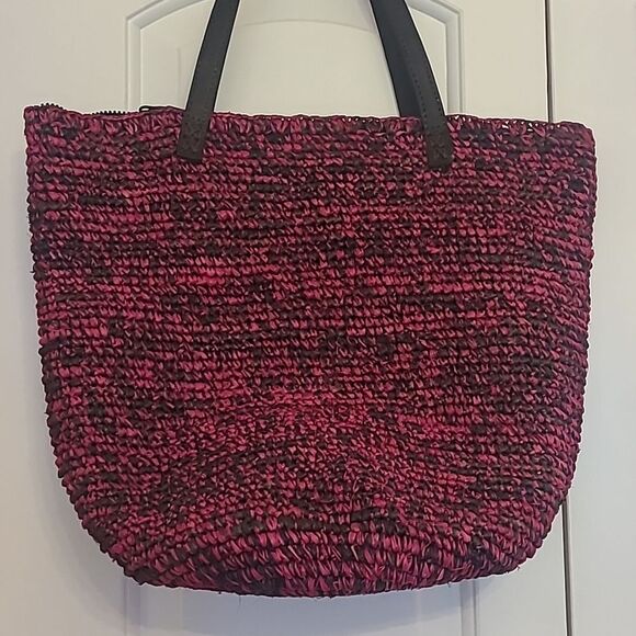 Pink and Black Woven Tote Bag Leather Handles Zip Closure - Picture 2 of 13